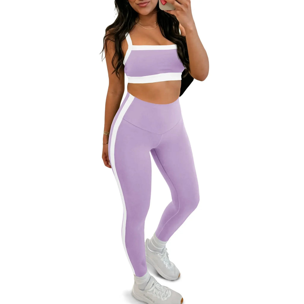 Women'S 2-Piece Yoga Set, Slim Fit Color Block Gym Outfit with Supportive Bra and High Waisted Bottoms with Stripe Detailing