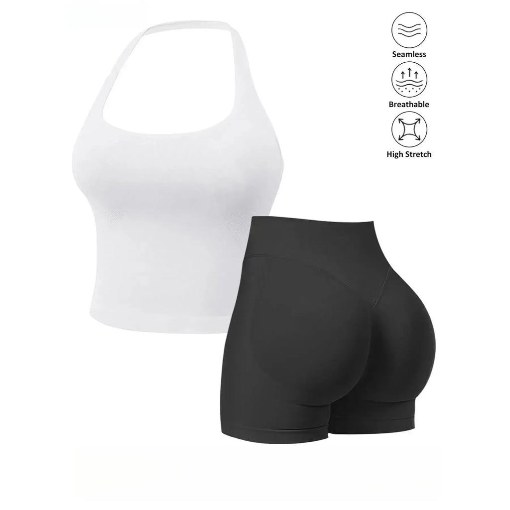 Women’s Seamless 2‑Piece Workout Set – Halter Bra Tank & Scrunch Shorts