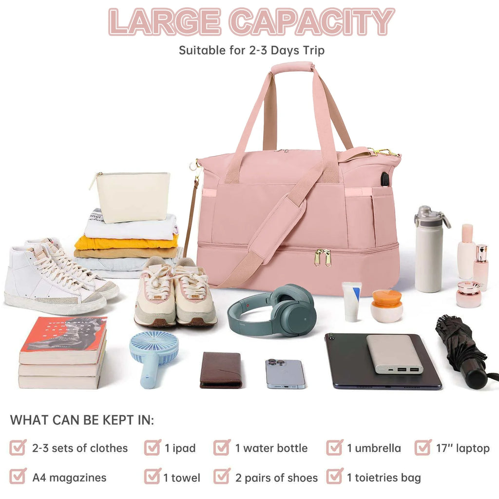 2‑Pack Women’s Travel Duffle Bag Set – Large Waterproof Weekender with Toiletry Bag, USB Port, Wet Pocket & Shoe Compartment