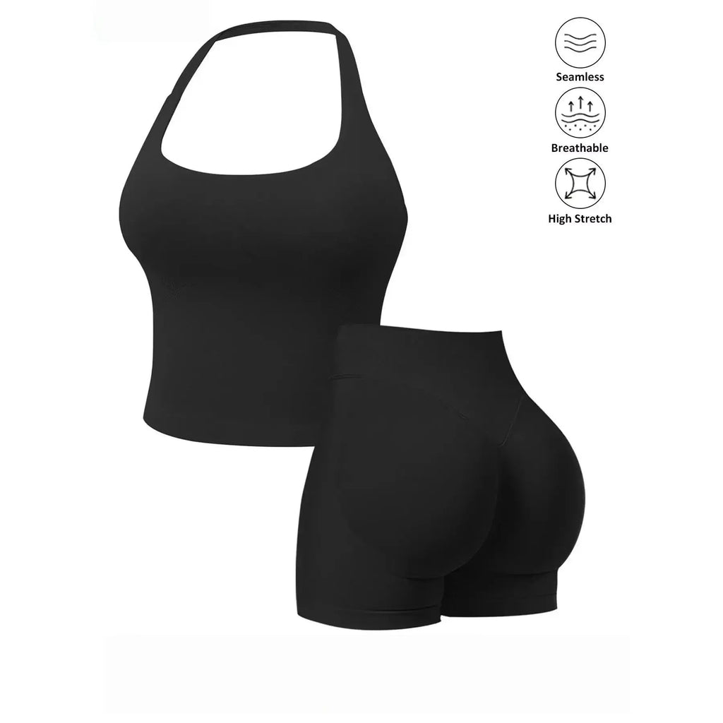 Women’s Seamless 2‑Piece Workout Set – Halter Bra Tank & Scrunch Shorts