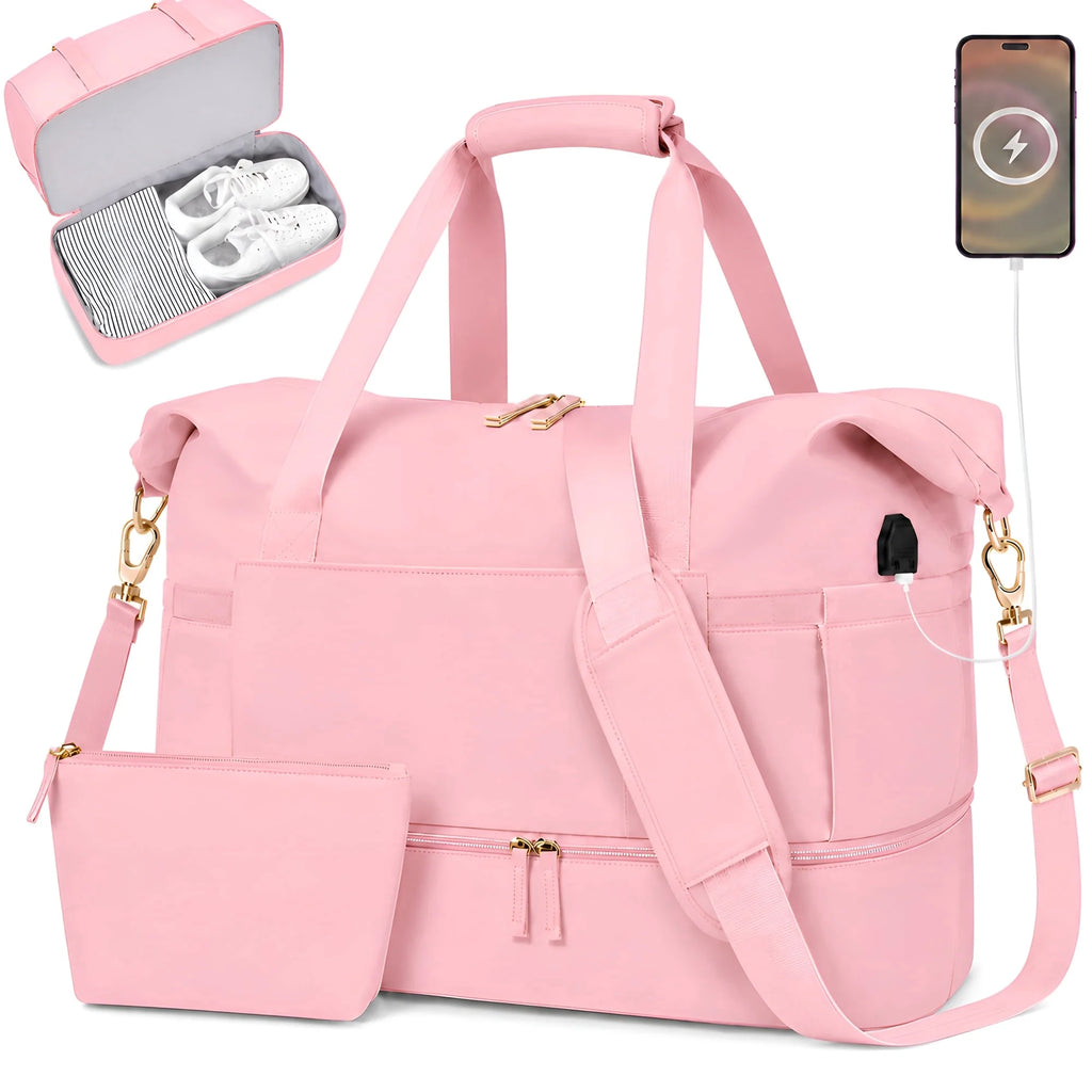 2‑Pack Women’s Travel Duffle Bag Set – Large Waterproof Weekender with Toiletry Bag, USB Port, Wet Pocket & Shoe Compartment
