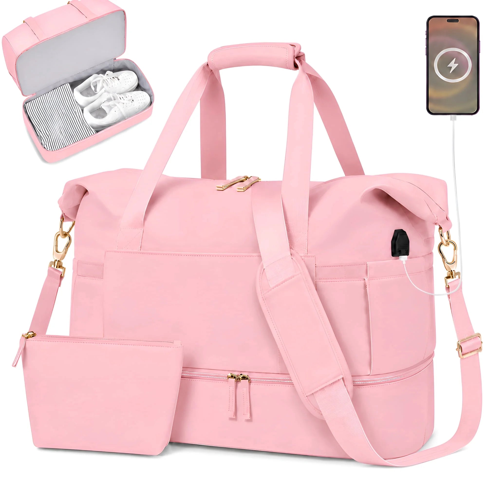 2‑Pack Women’s Travel Duffle Bag Set – Large Waterproof Weekender with Toiletry Bag, USB Port, Wet Pocket & Shoe Compartment
