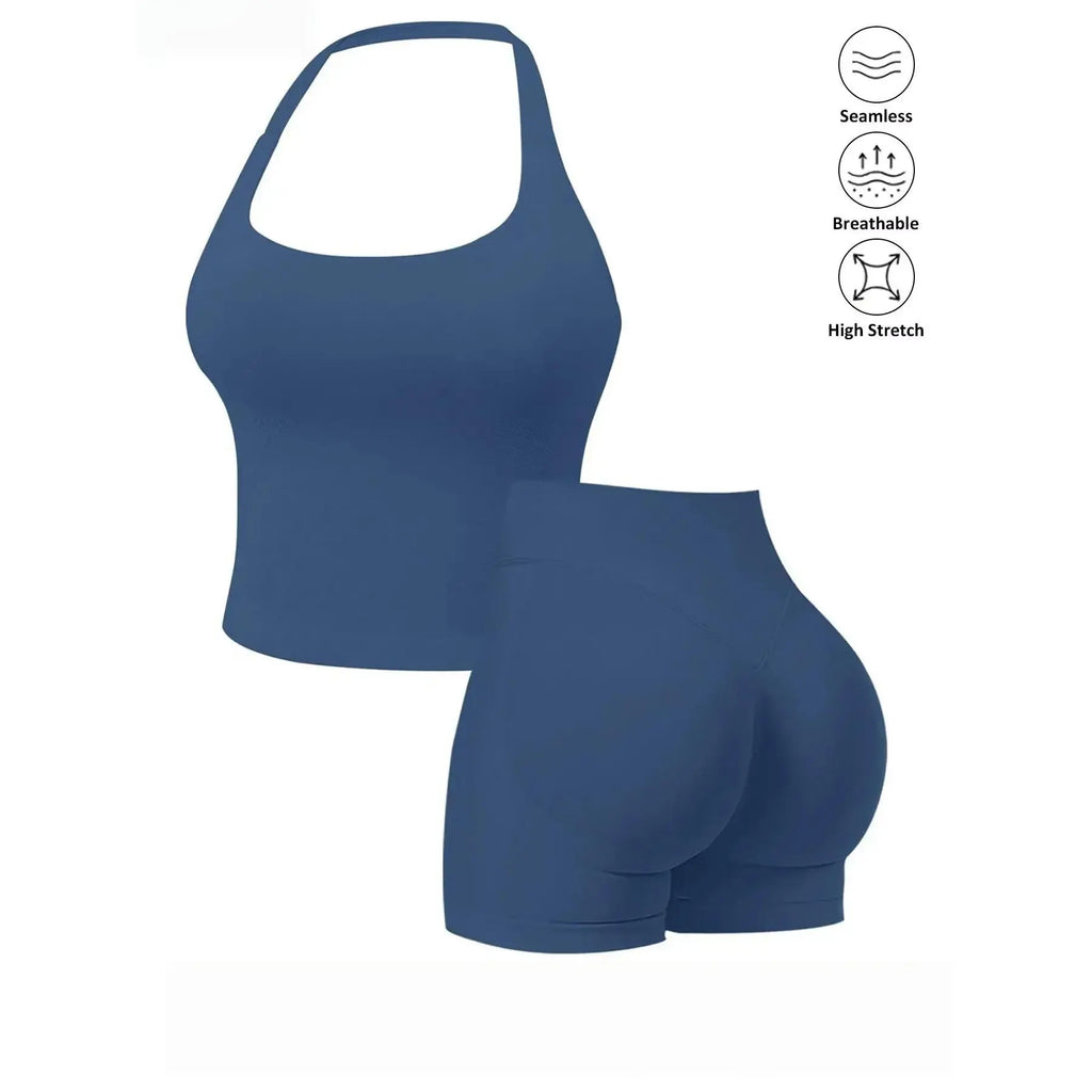 Women’s Seamless 2‑Piece Workout Set – Halter Bra Tank & Scrunch Shorts