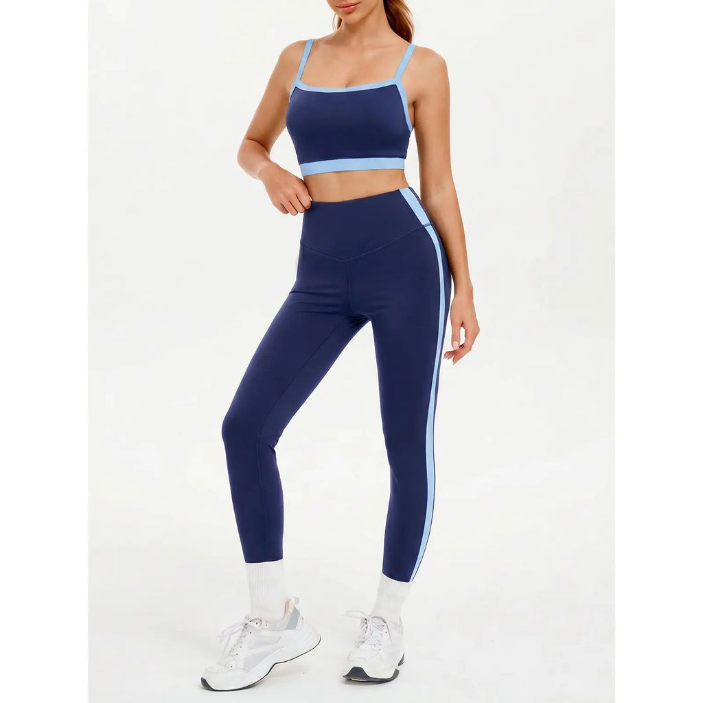 Women'S 2-Piece Yoga Set, Slim Fit Color Block Gym Outfit with Supportive Bra and High Waisted Bottoms with Stripe Detailing