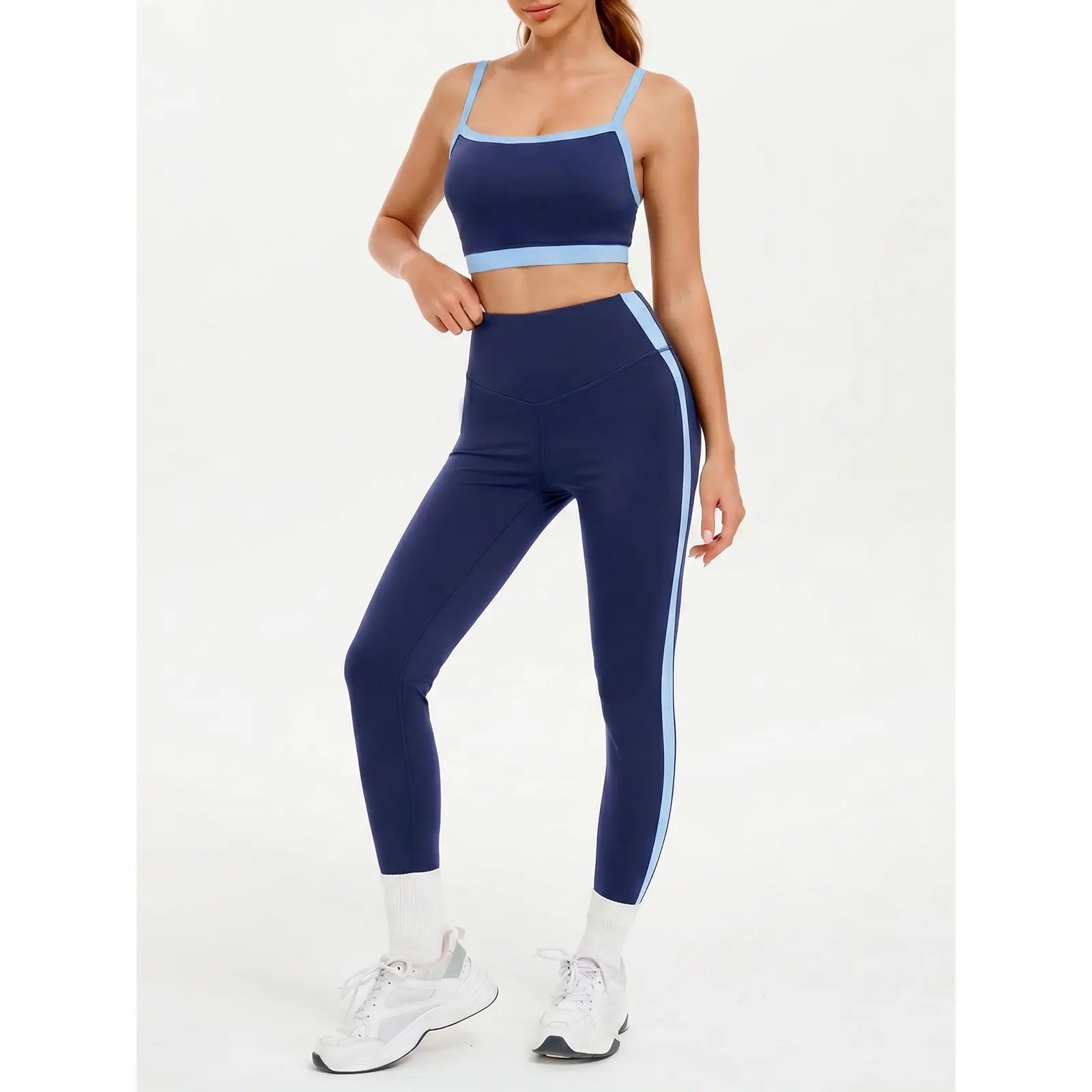 Women'S 2-Piece Yoga Set, Slim Fit Color Block Gym Outfit with Supportive Bra and High Waisted Bottoms with Stripe Detailing