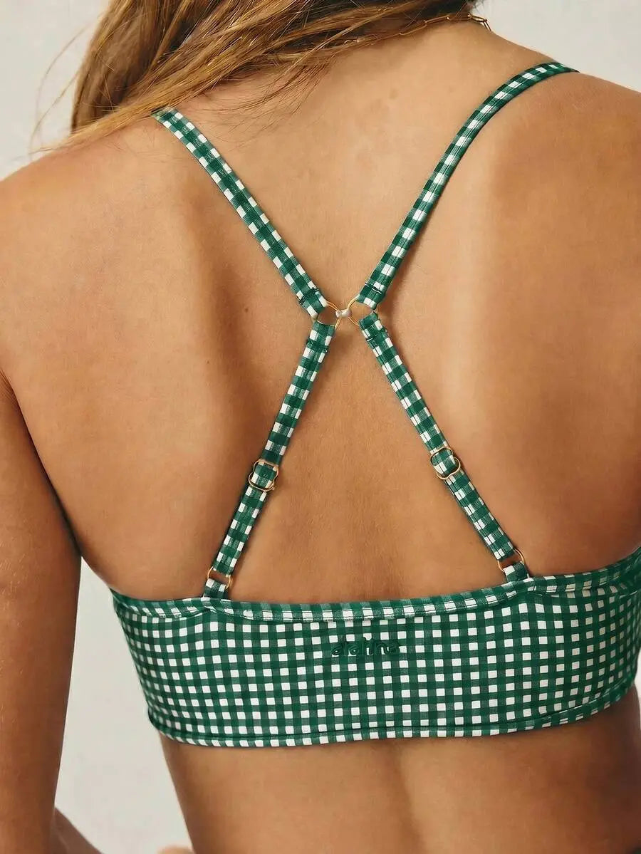 Women’s Plaid Gingham Workout Set – Cropped Cami & High‑Waist Shorts