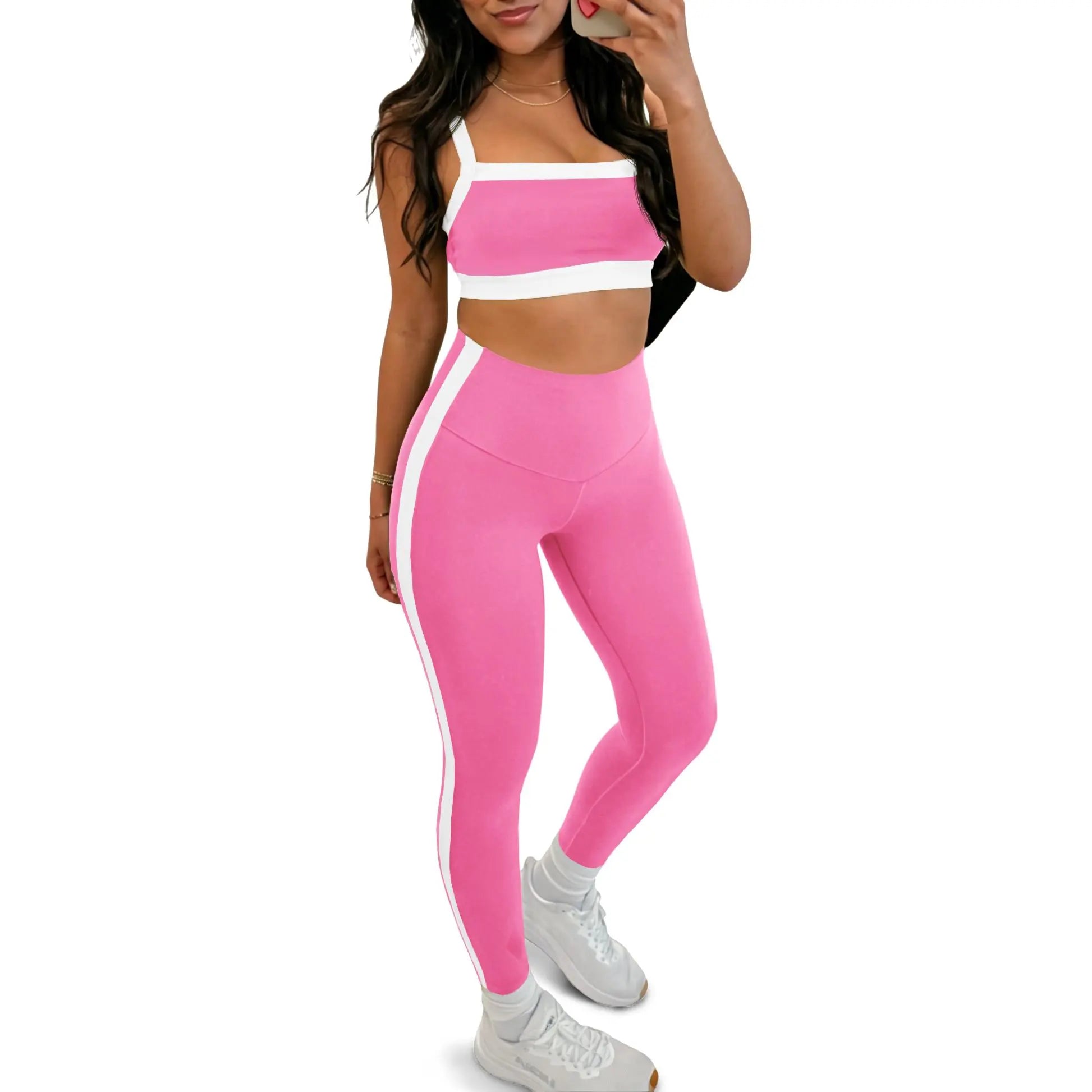 Women'S 2-Piece Yoga Set, Slim Fit Color Block Gym Outfit with Supportive Bra and High Waisted Bottoms with Stripe Detailing