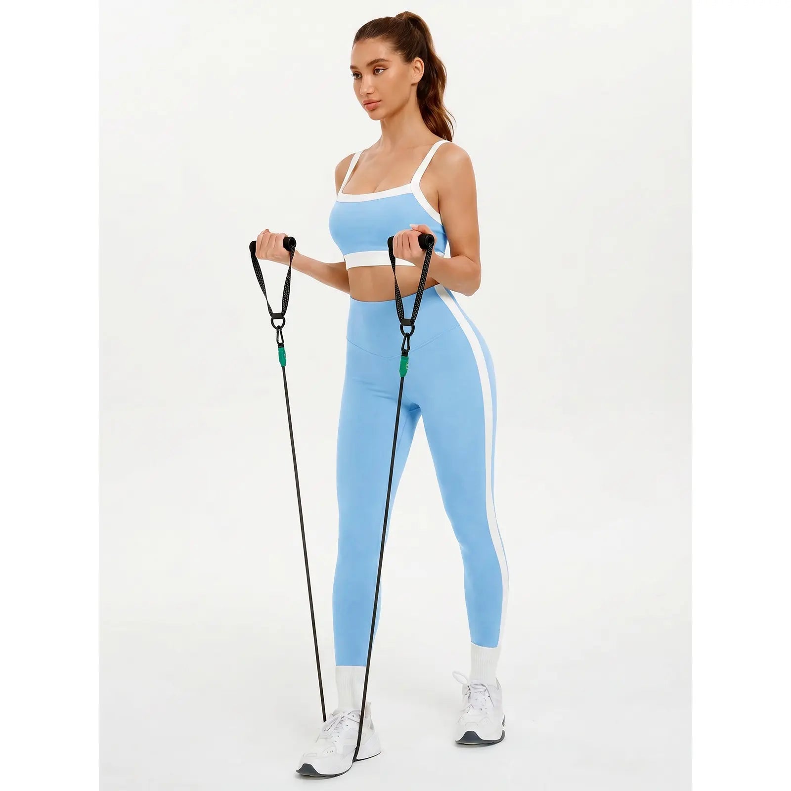 Women'S 2-Piece Yoga Set, Slim Fit Color Block Gym Outfit with Supportive Bra and High Waisted Bottoms with Stripe Detailing