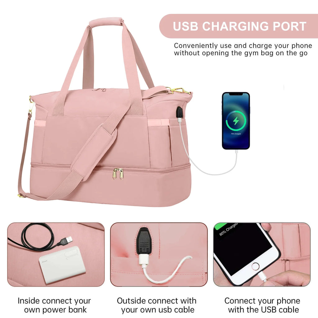 2‑Pack Women’s Travel Duffle Bag Set – Large Waterproof Weekender with Toiletry Bag, USB Port, Wet Pocket & Shoe Compartment