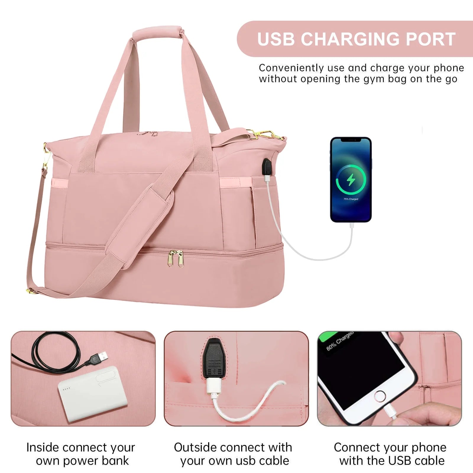 2‑Pack Women’s Travel Duffle Bag Set – Large Waterproof Weekender with Toiletry Bag, USB Port, Wet Pocket & Shoe Compartment