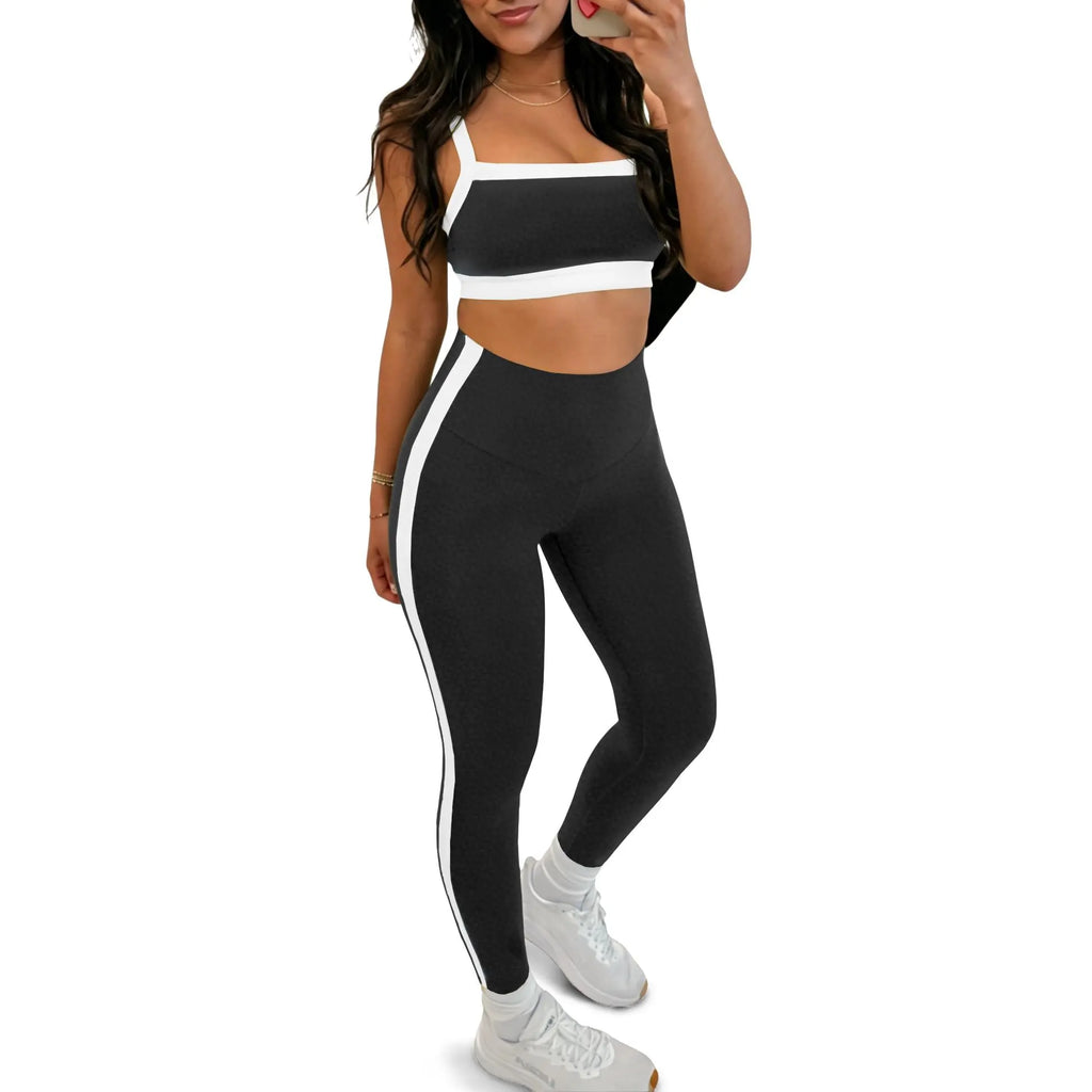 Women'S 2-Piece Yoga Set, Slim Fit Color Block Gym Outfit with Supportive Bra and High Waisted Bottoms with Stripe Detailing
