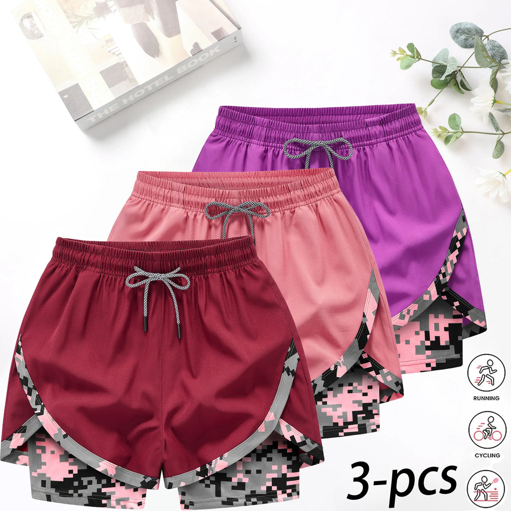 3‑Pack Women’s 2‑in‑1 Camo Running Shorts – Quick‑Dry, Anti‑Chafe Activewear