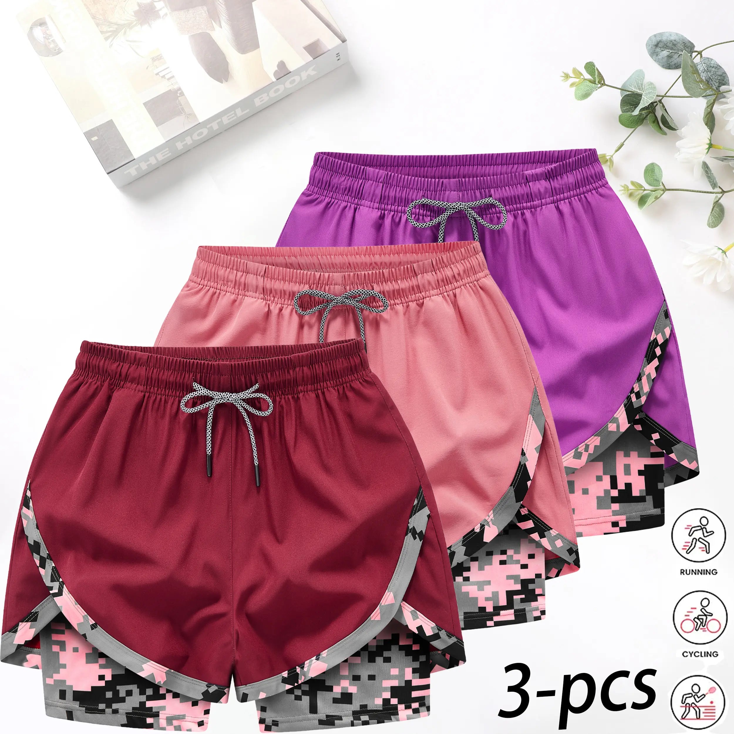 3‑Pack Women’s 2‑in‑1 Camo Running Shorts – Quick‑Dry, Anti‑Chafe Activewear