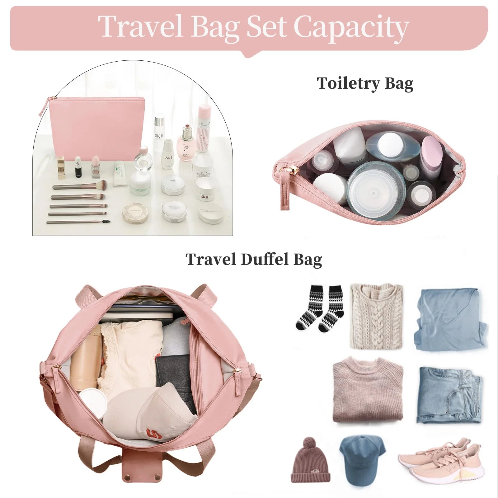 2‑Pack Women’s Travel Duffle Bag Set – Large Waterproof Weekender with Toiletry Bag, USB Port, Wet Pocket & Shoe Compartment