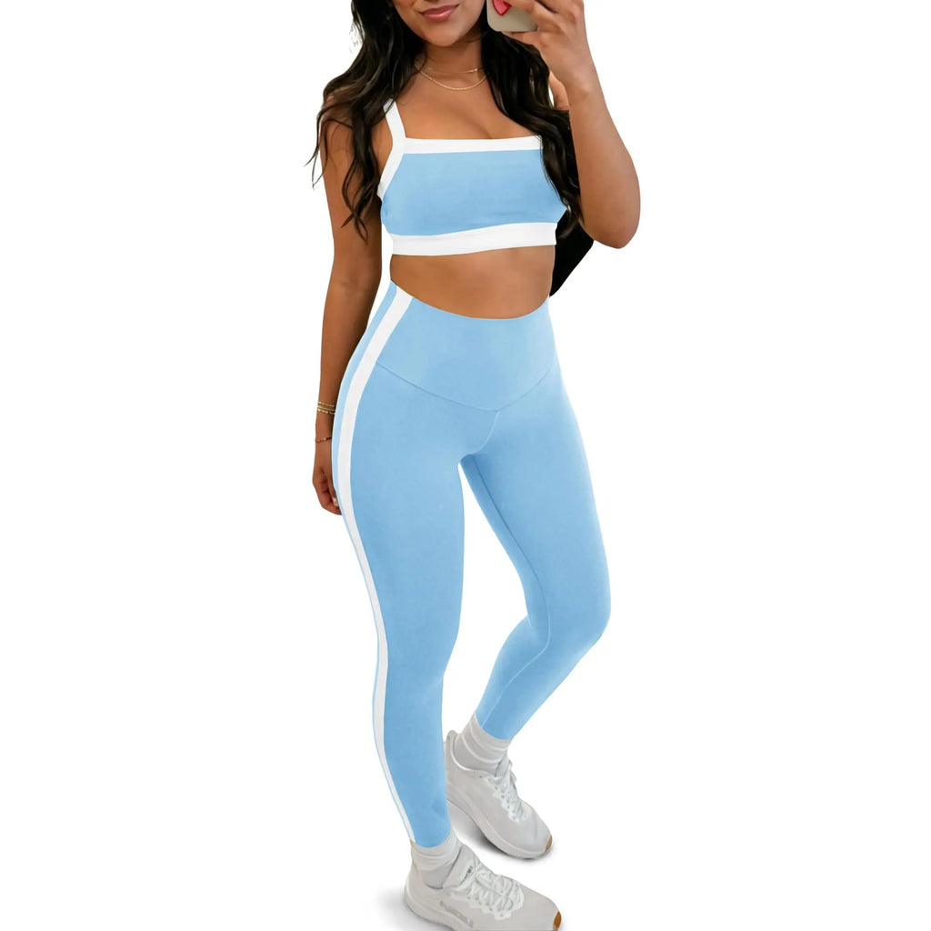 Women'S 2-Piece Yoga Set, Slim Fit Color Block Gym Outfit with Supportive Bra and High Waisted Bottoms with Stripe Detailing