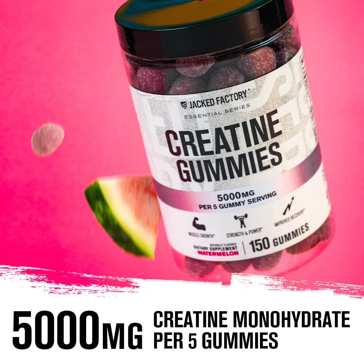 Jacked Factory Creatine Monohydrate Gummies 5G Daily Dose (1G per Gummy) - Creatine Gummy for Men and Women, Vegan-Friendly, Travel-Friendly, Third-Party Tested - 150 Gummies, Watermelon