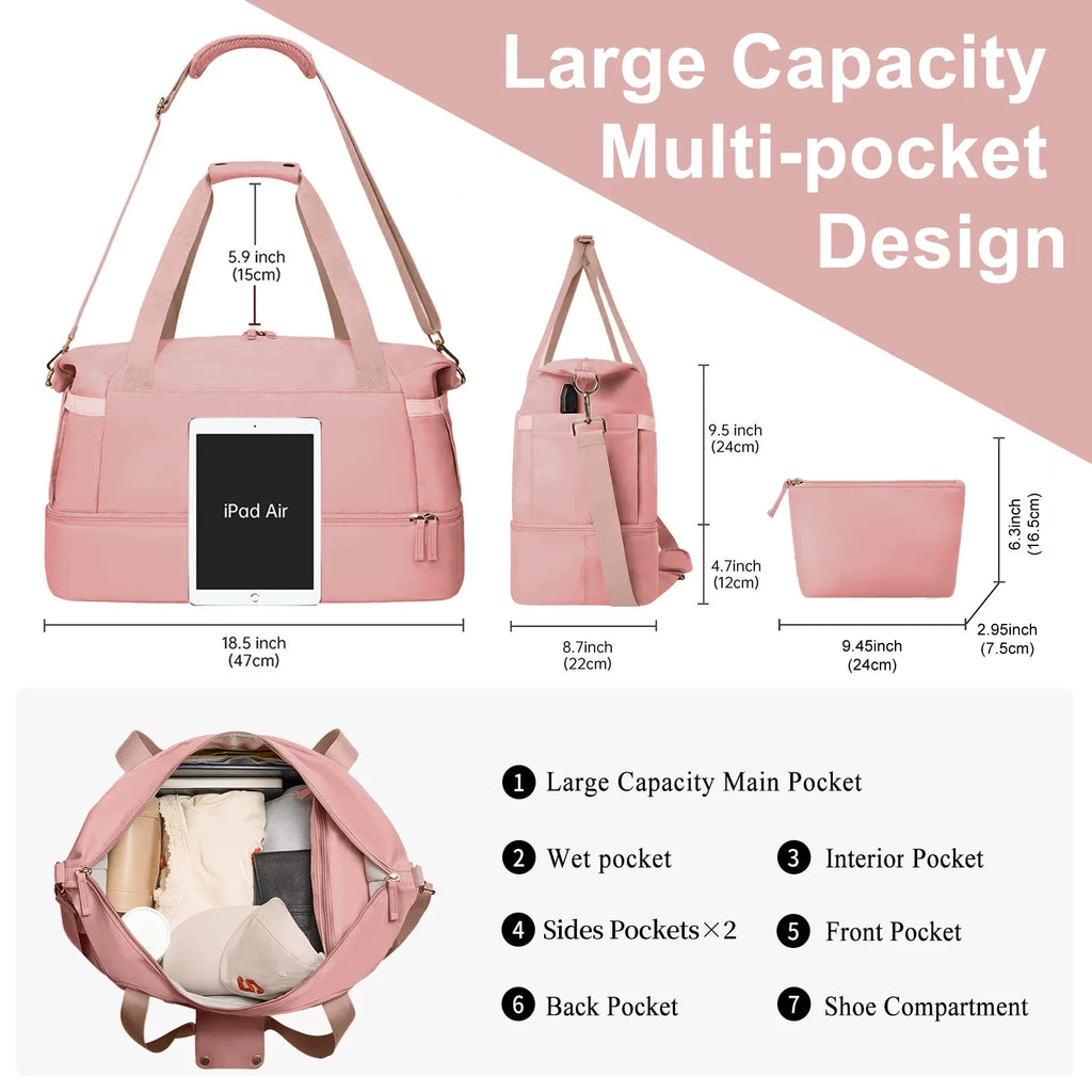 2‑Pack Women’s Travel Duffle Bag Set – Large Waterproof Weekender with Toiletry Bag, USB Port, Wet Pocket & Shoe Compartment