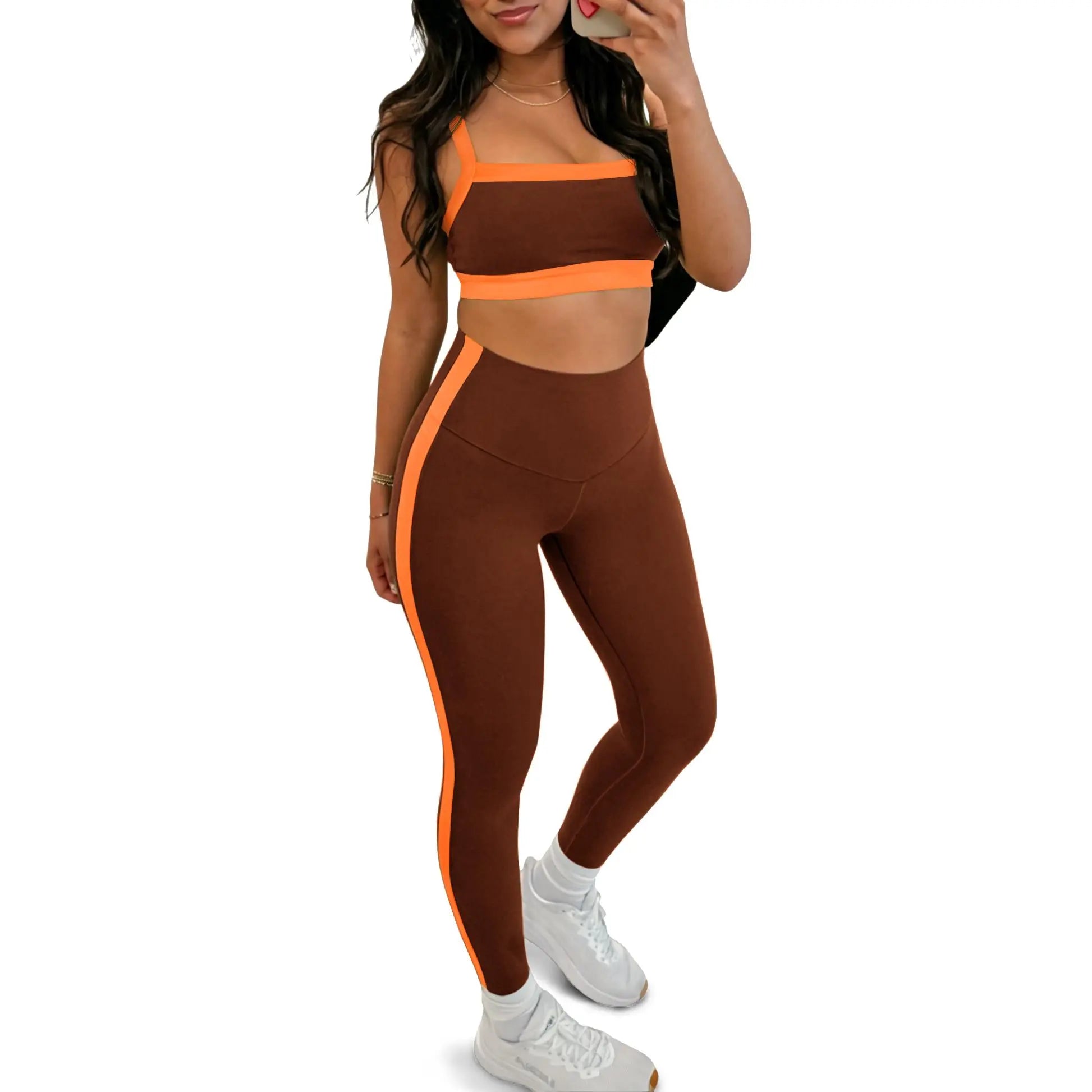 Women'S 2-Piece Yoga Set, Slim Fit Color Block Gym Outfit with Supportive Bra and High Waisted Bottoms with Stripe Detailing