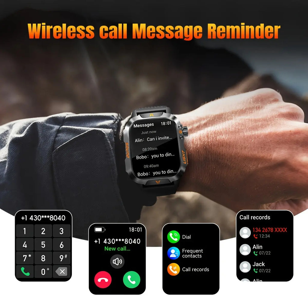 Mens Manly Style Smart Sports Watch with LED Lights - Wearable Device for Android & Iphone, Wireless Calling, Message Reminders, Sports Mode, Voice Control Assistant, Weather Push, Stopwatch, Timer, Fitness Tracker, Ideal Mens Gifts