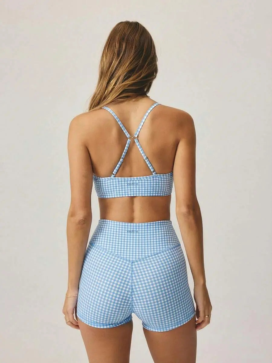 Women’s Plaid Gingham Workout Set – Cropped Cami & High‑Waist Shorts
