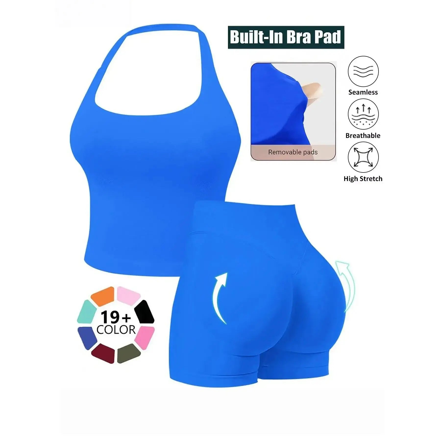 Women’s Seamless 2‑Piece Workout Set – Halter Bra Tank & Scrunch Shorts
