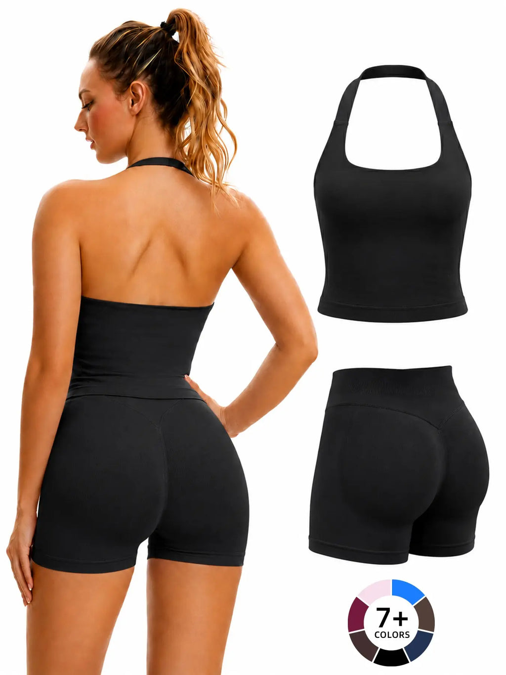 Women’s Seamless Yoga Set – Halter Top & High‑Waist Butt‑Lift Shorts