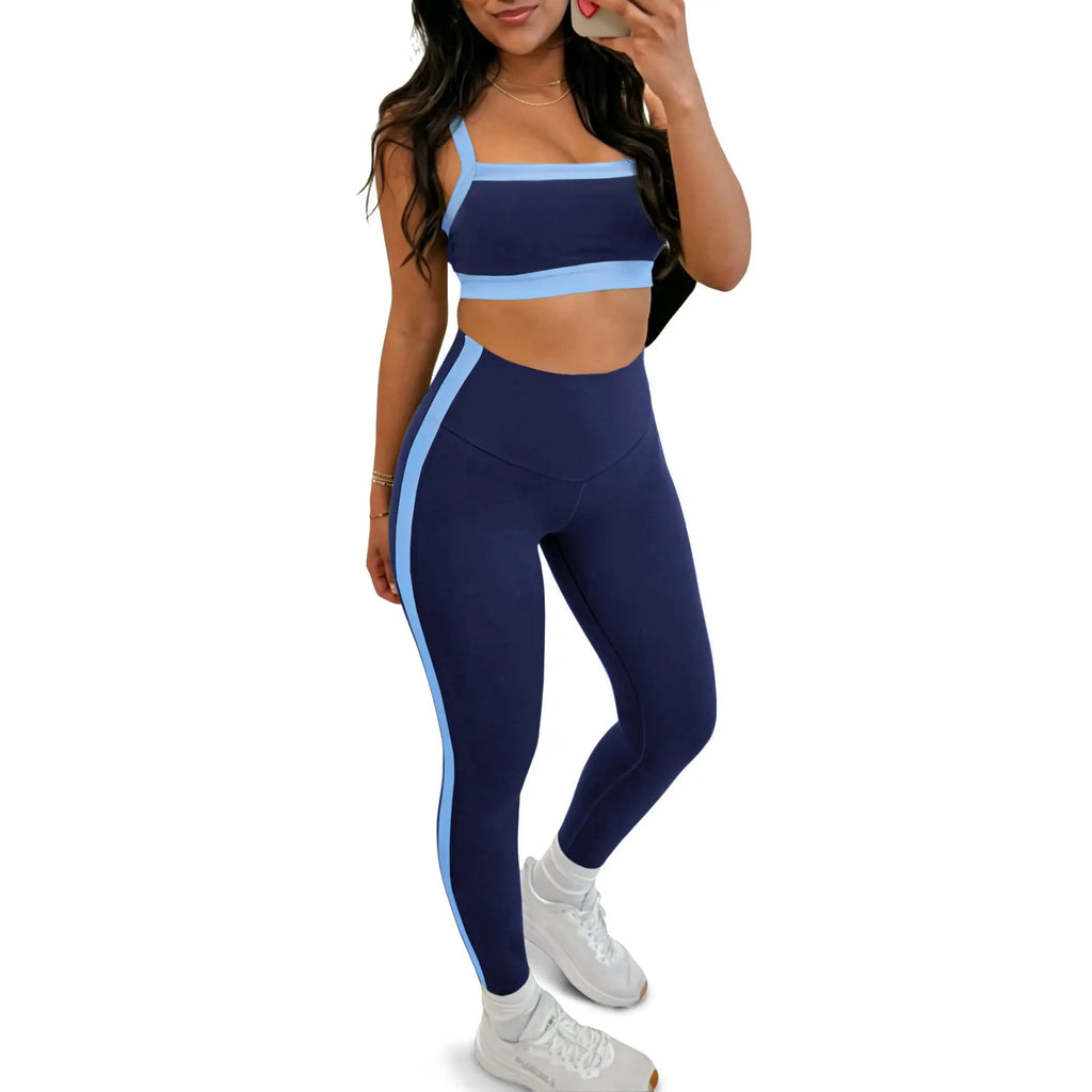 Women'S 2-Piece Yoga Set, Slim Fit Color Block Gym Outfit with Supportive Bra and High Waisted Bottoms with Stripe Detailing