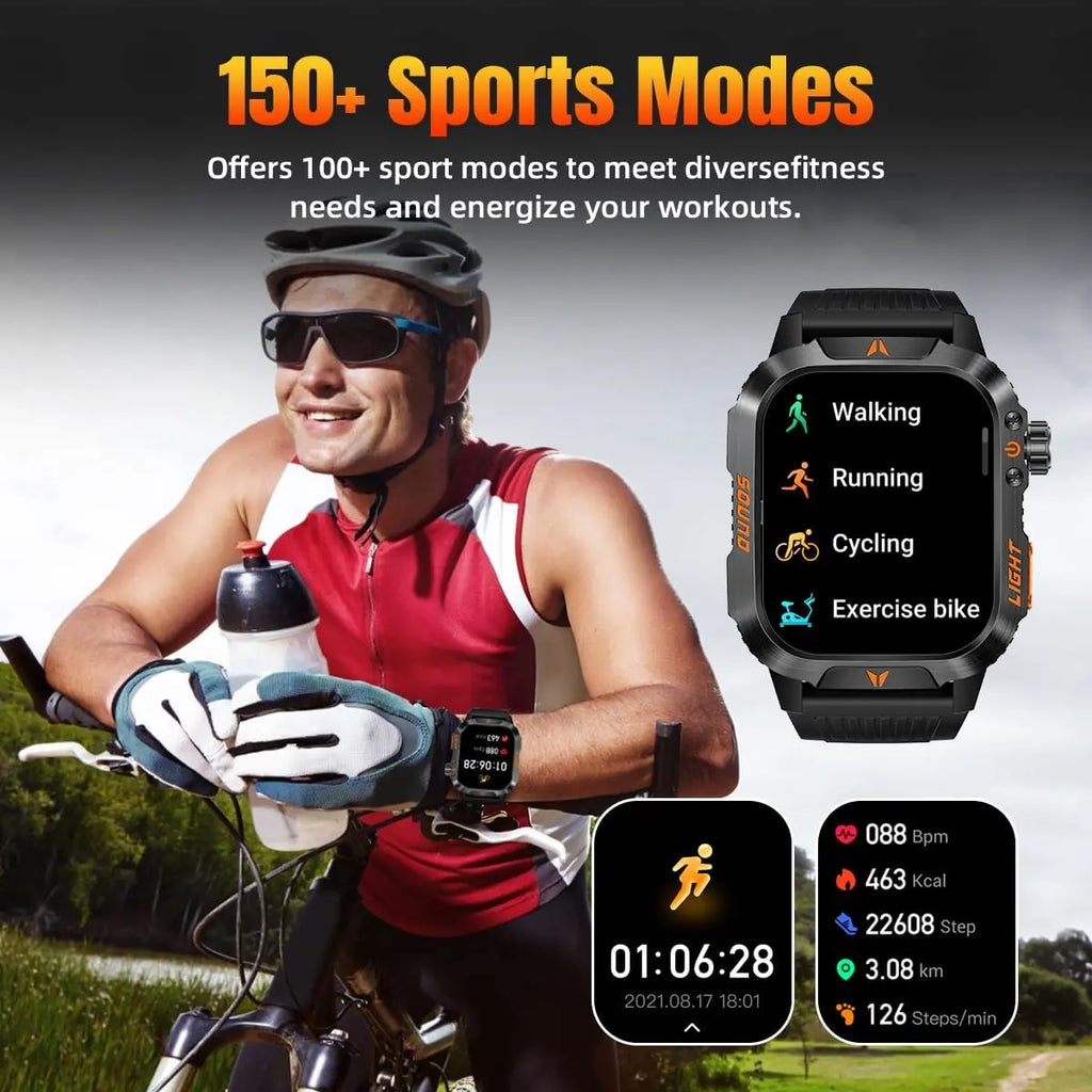 Mens Manly Style Smart Sports Watch with LED Lights - Wearable Device for Android & Iphone, Wireless Calling, Message Reminders, Sports Mode, Voice Control Assistant, Weather Push, Stopwatch, Timer, Fitness Tracker, Ideal Mens Gifts