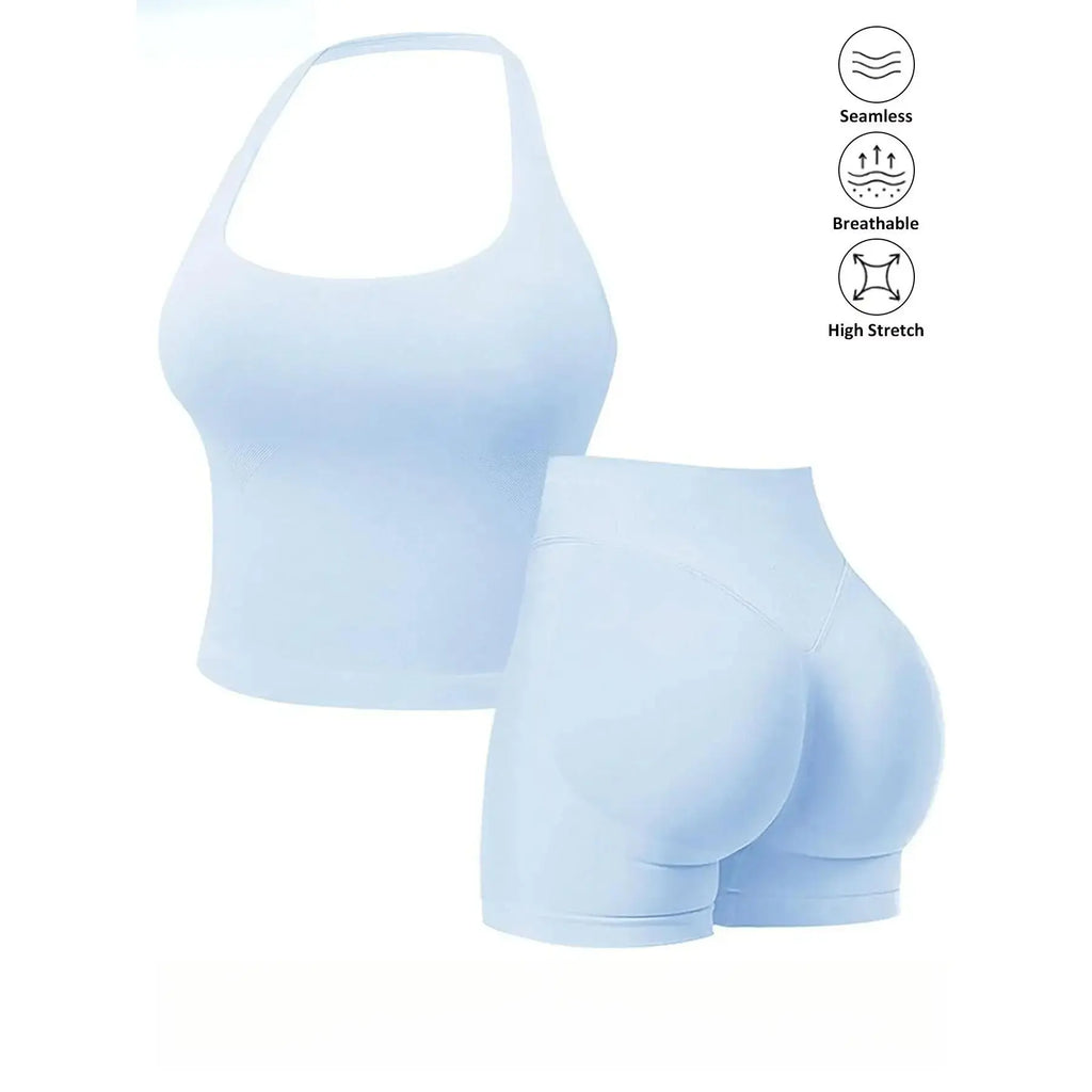 Women’s Seamless 2‑Piece Workout Set – Halter Bra Tank & Scrunch Shorts
