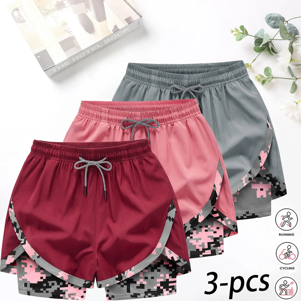 3‑Pack Women’s 2‑in‑1 Camo Running Shorts – Quick‑Dry, Anti‑Chafe Activewear