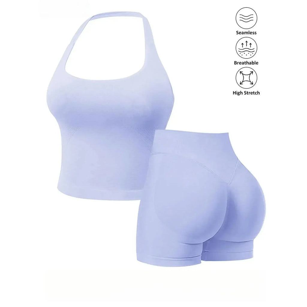 Women’s Seamless 2‑Piece Workout Set – Halter Bra Tank & Scrunch Shorts