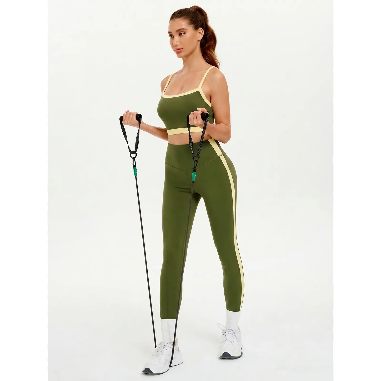 Women'S 2-Piece Yoga Set, Slim Fit Color Block Gym Outfit with Supportive Bra and High Waisted Bottoms with Stripe Detailing