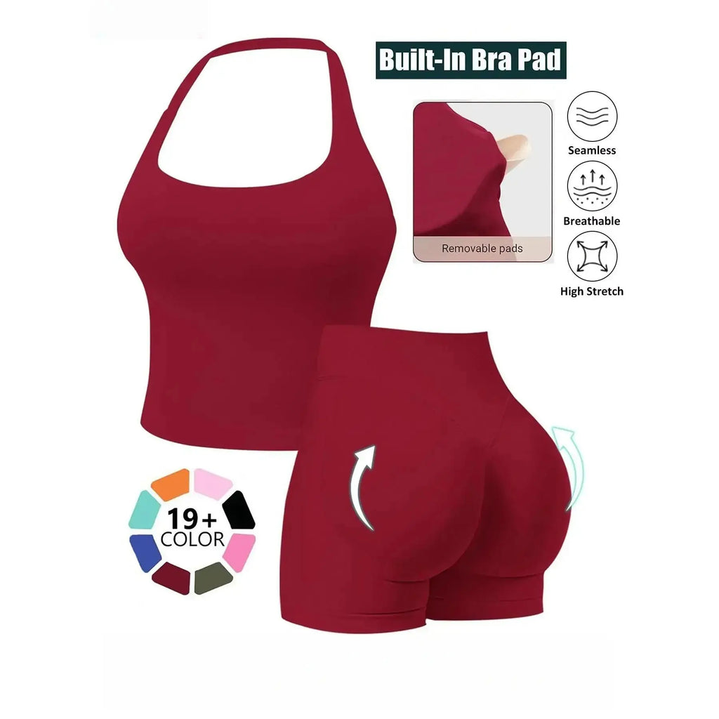 Women’s Seamless 2‑Piece Workout Set – Halter Bra Tank & Scrunch Shorts