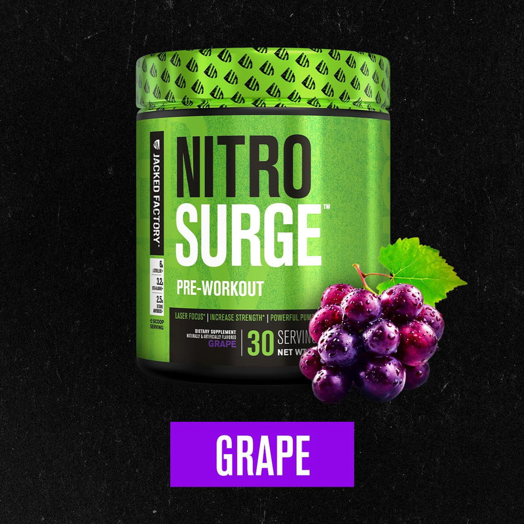 NITROSURGE Pre Workout Supplement - Endless Energy, Instant Strength Gains, Clear Focus, Intense Pumps - Nitric Oxide Booster & Powerful Preworkout Energy Powder - 30 Servings, Grape
