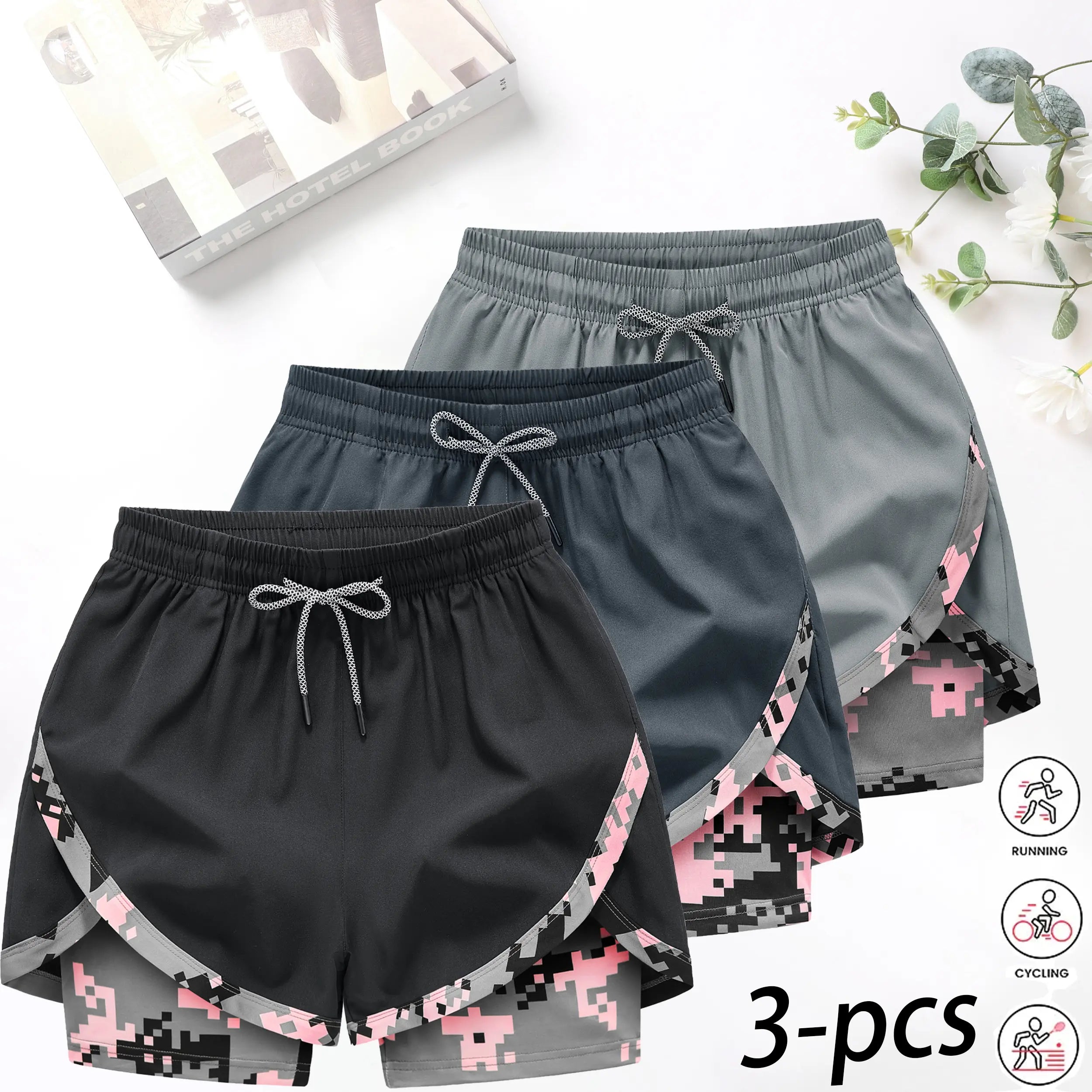 3‑Pack Women’s 2‑in‑1 Camo Running Shorts – Quick‑Dry, Anti‑Chafe Activewear