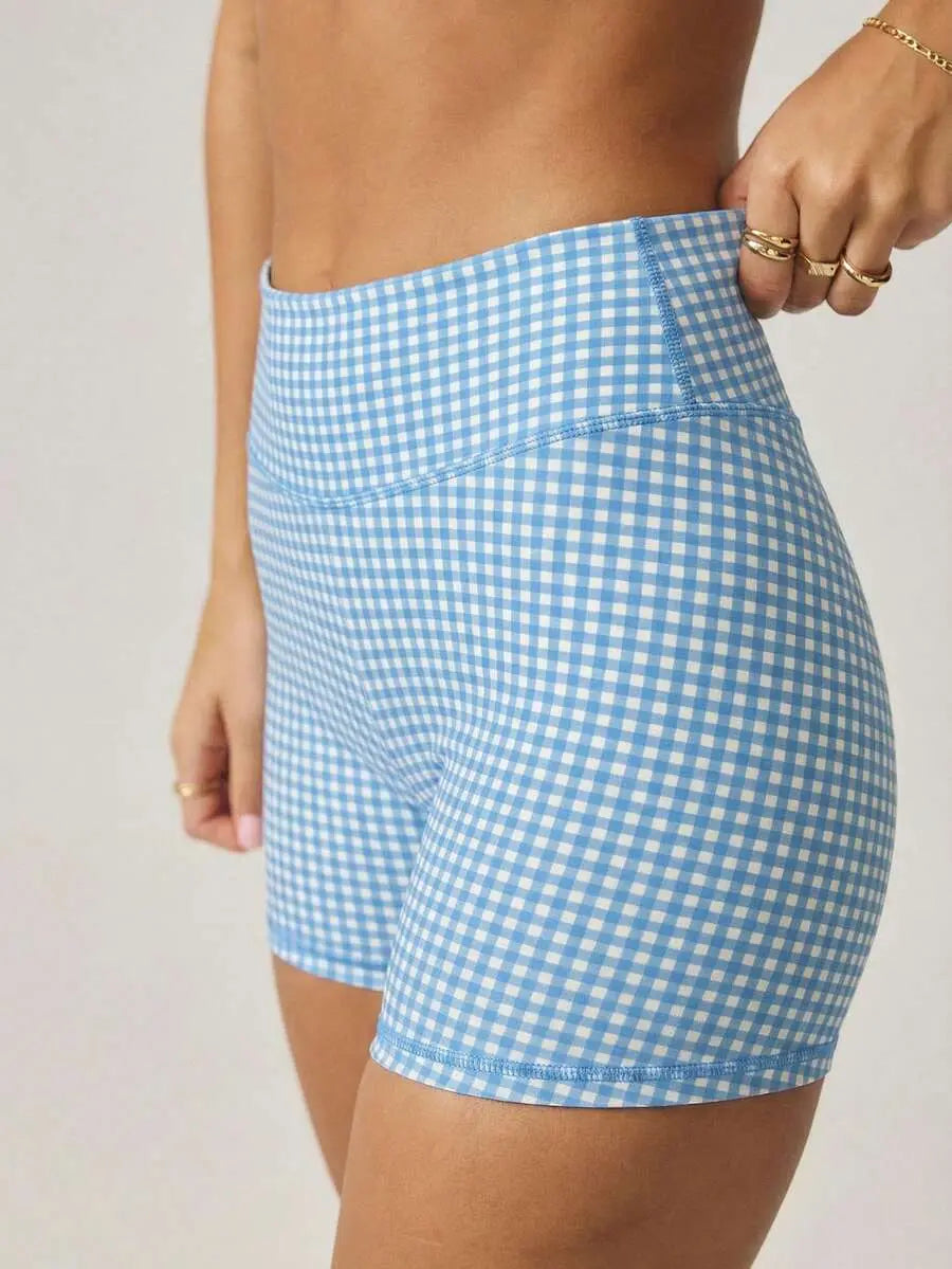 Women’s Plaid Gingham Workout Set – Cropped Cami & High‑Waist Shorts