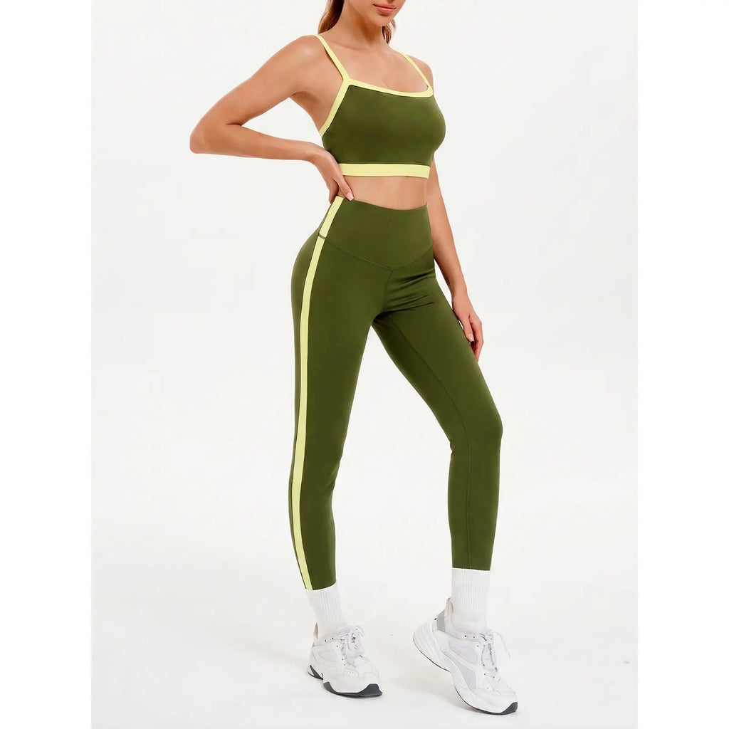 Women'S 2-Piece Yoga Set, Slim Fit Color Block Gym Outfit with Supportive Bra and High Waisted Bottoms with Stripe Detailing