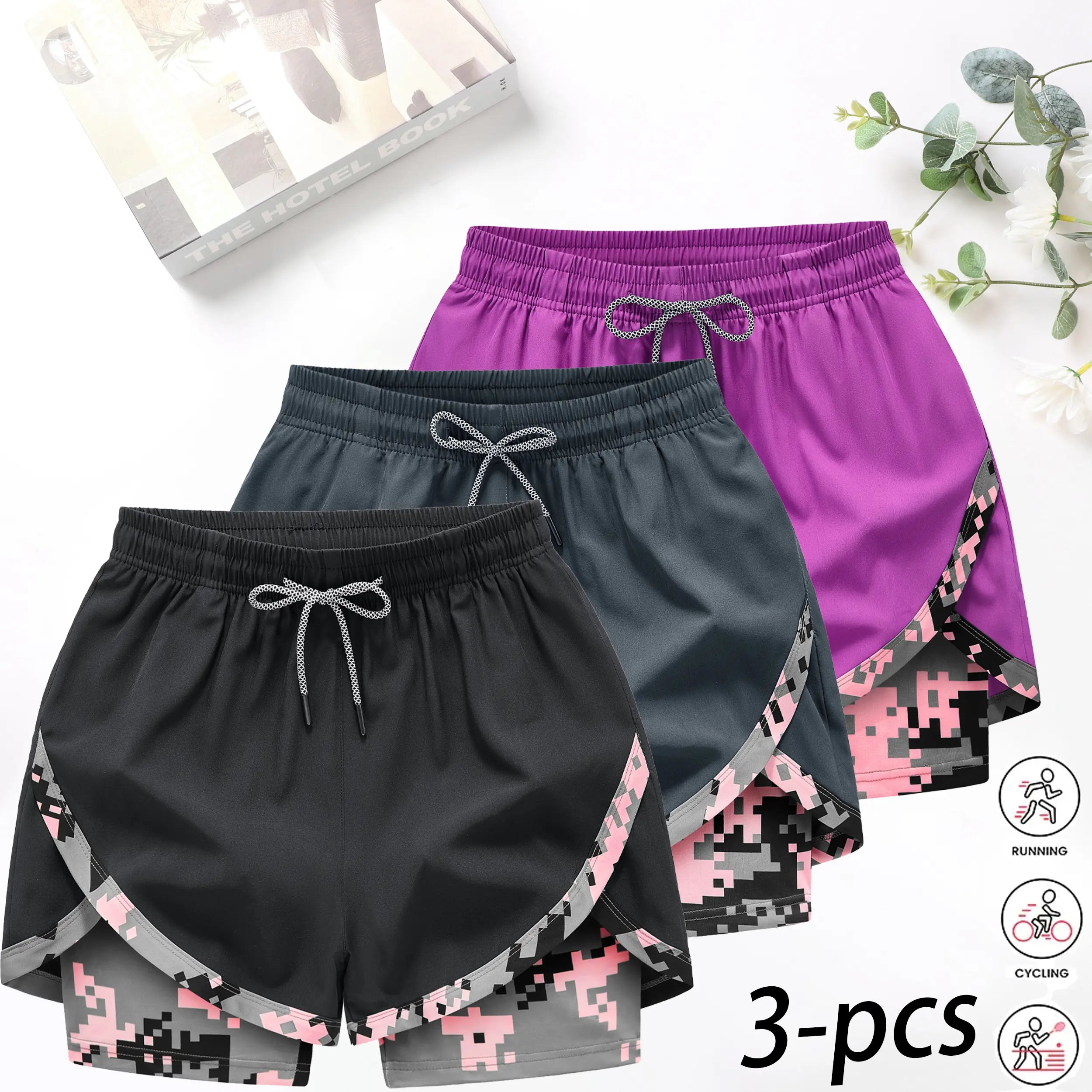 3‑Pack Women’s 2‑in‑1 Camo Running Shorts – Quick‑Dry, Anti‑Chafe Activewear