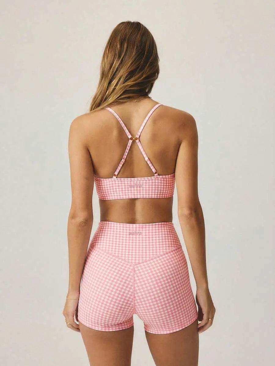 Women’s Plaid Gingham Workout Set – Cropped Cami & High‑Waist Shorts