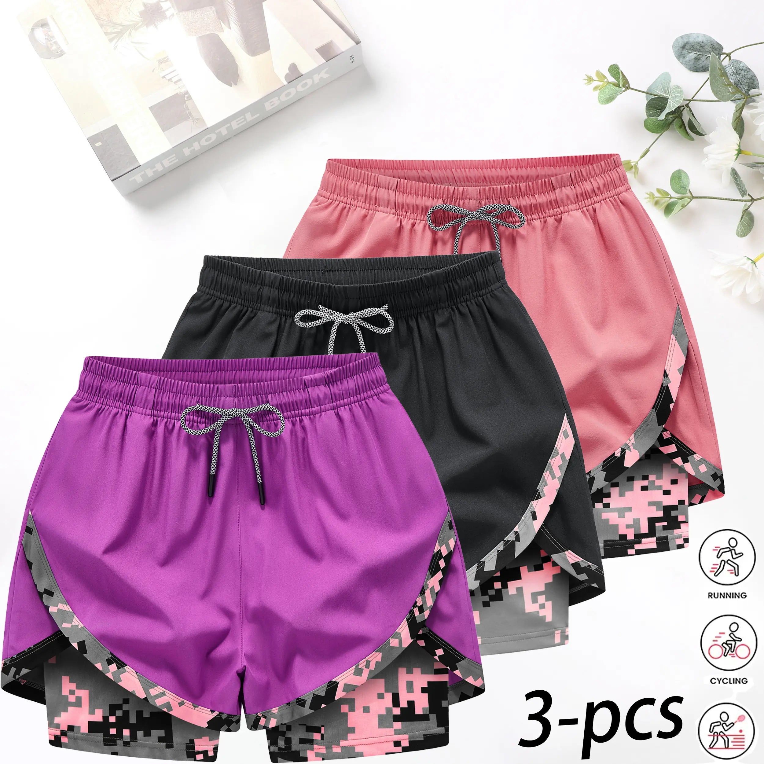 3‑Pack Women’s 2‑in‑1 Camo Running Shorts – Quick‑Dry, Anti‑Chafe Activewear