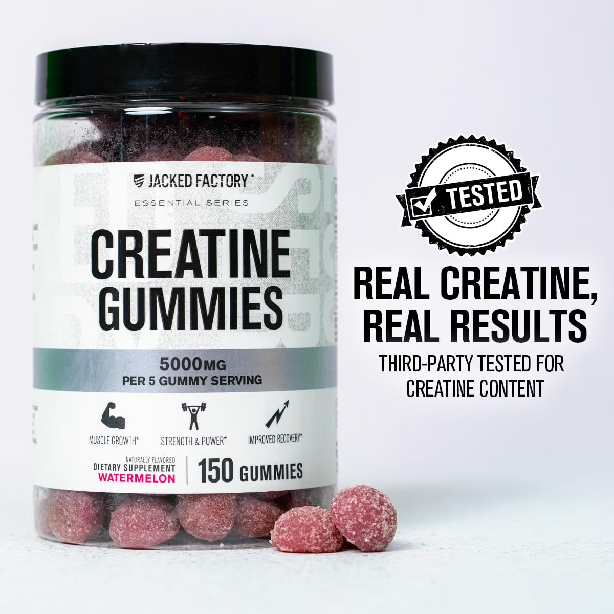 Jacked Factory Creatine Monohydrate Gummies 5G Daily Dose (1G per Gummy) - Creatine Gummy for Men and Women, Vegan-Friendly, Travel-Friendly, Third-Party Tested - 150 Gummies, Watermelon