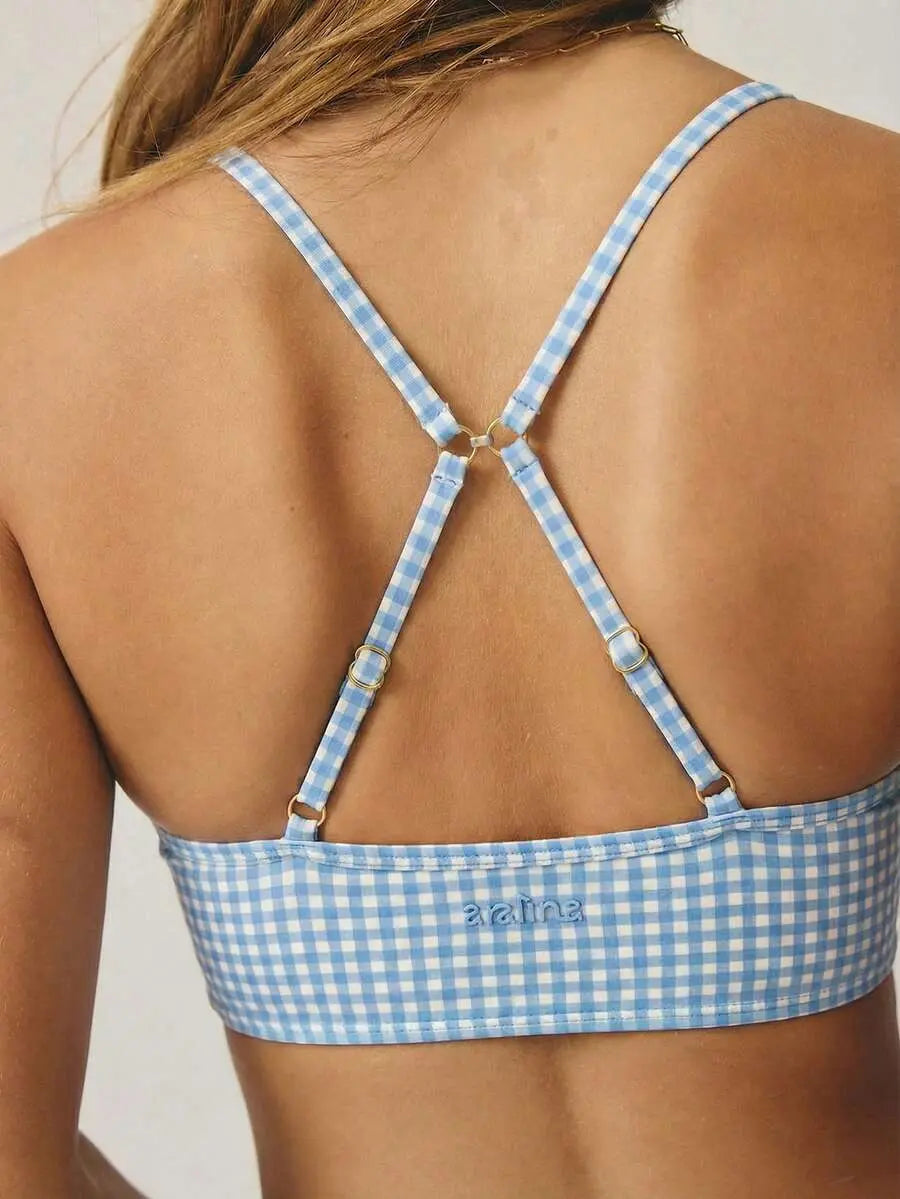 Women’s Plaid Gingham Workout Set – Cropped Cami & High‑Waist Shorts
