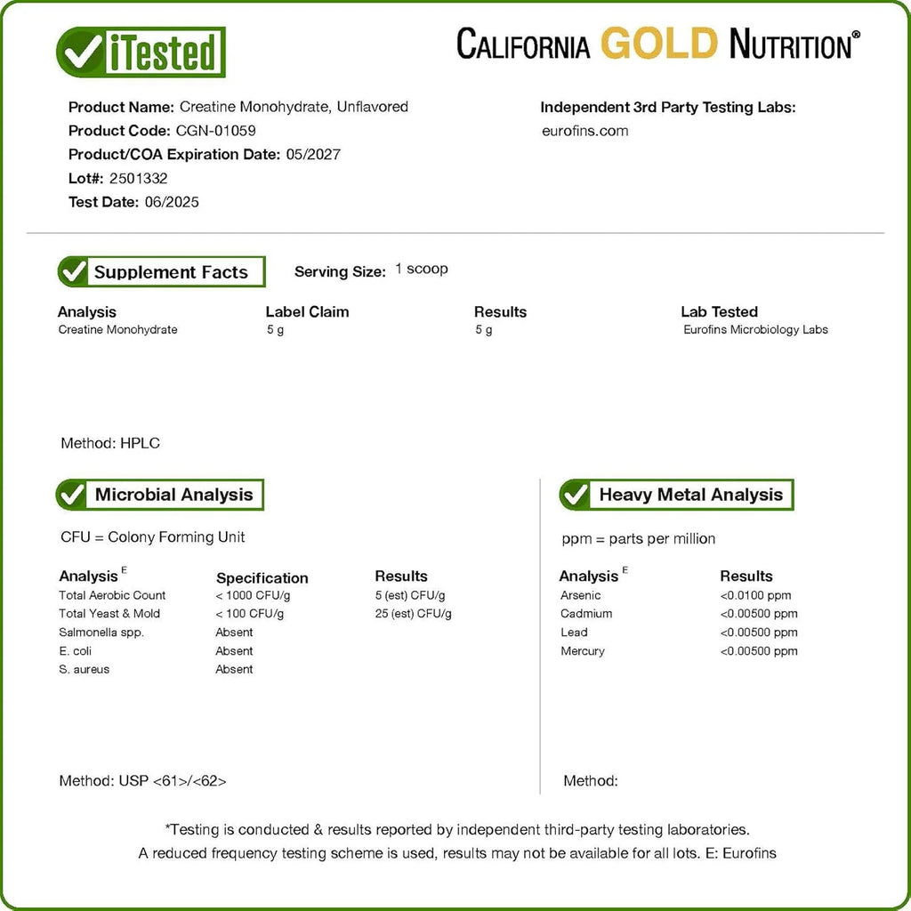 California Gold Nutrition, Creatine Powder, Micronized, Muscle and Strength Support, Creatine Monohydrate, No Gluten, No Gmos, No Soy, Unflavored, 16 Oz (454 G)
