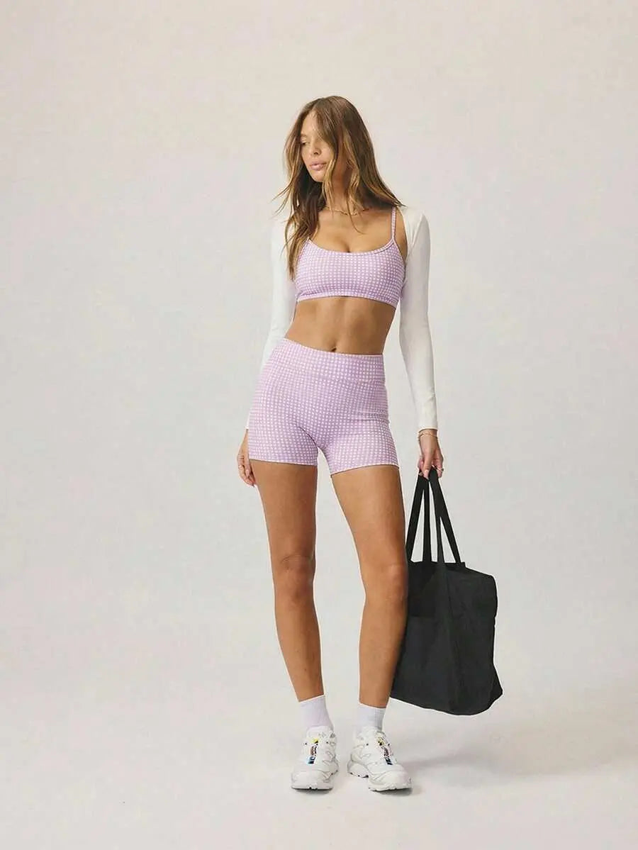 Women’s Plaid Gingham Workout Set – Cropped Cami & High‑Waist Shorts