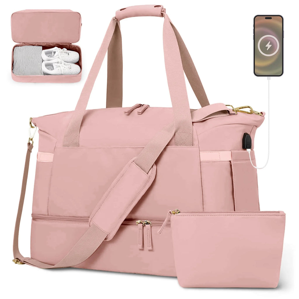 2‑Pack Women’s Travel Duffle Bag Set – Large Waterproof Weekender with Toiletry Bag, USB Port, Wet Pocket & Shoe Compartment