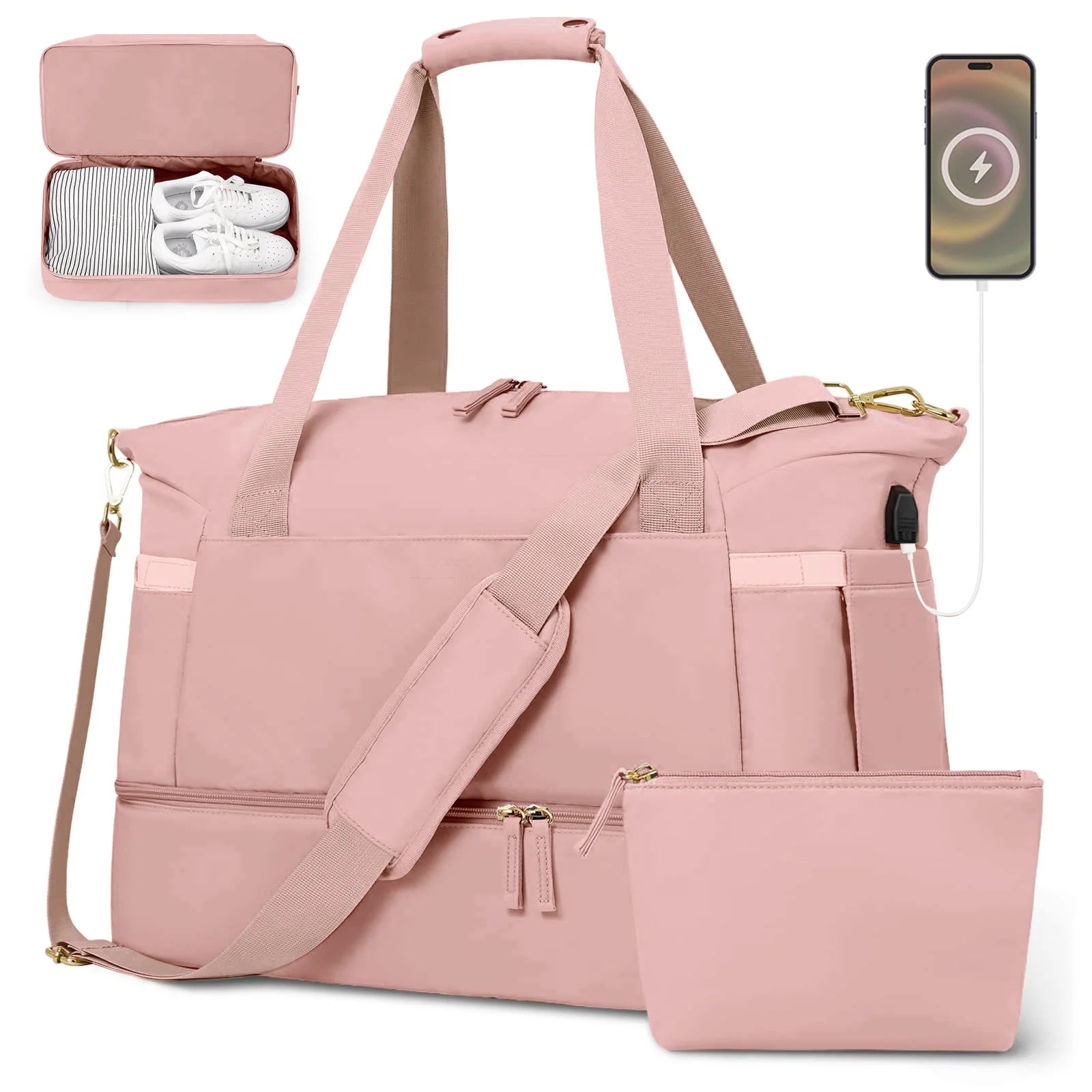 2‑Pack Women’s Travel Duffle Bag Set – Large Waterproof Weekender with Toiletry Bag, USB Port, Wet Pocket & Shoe Compartment