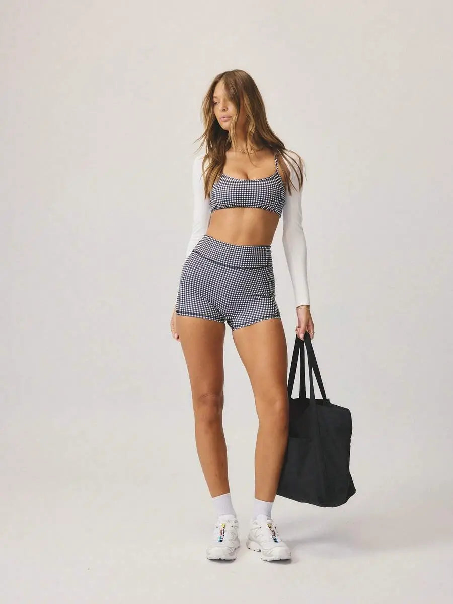 Women’s Plaid Gingham Workout Set – Cropped Cami & High‑Waist Shorts