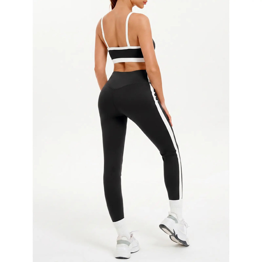 Women'S 2-Piece Yoga Set, Slim Fit Color Block Gym Outfit with Supportive Bra and High Waisted Bottoms with Stripe Detailing