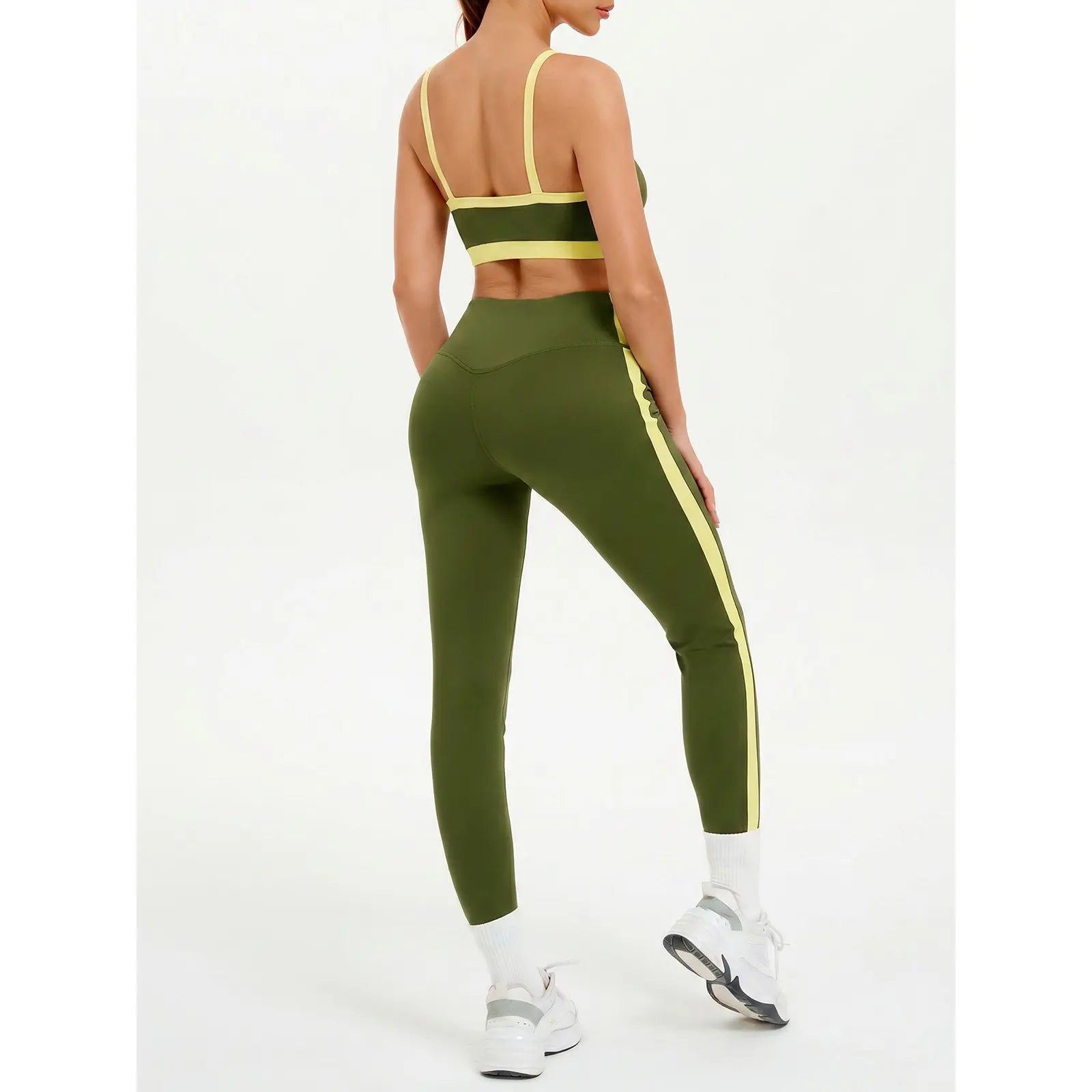 Women'S 2-Piece Yoga Set, Slim Fit Color Block Gym Outfit with Supportive Bra and High Waisted Bottoms with Stripe Detailing