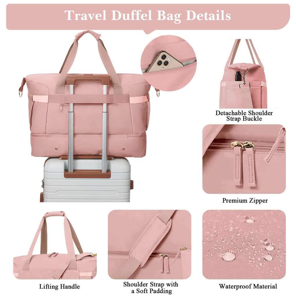 2‑Pack Women’s Travel Duffle Bag Set – Large Waterproof Weekender with Toiletry Bag, USB Port, Wet Pocket & Shoe Compartment